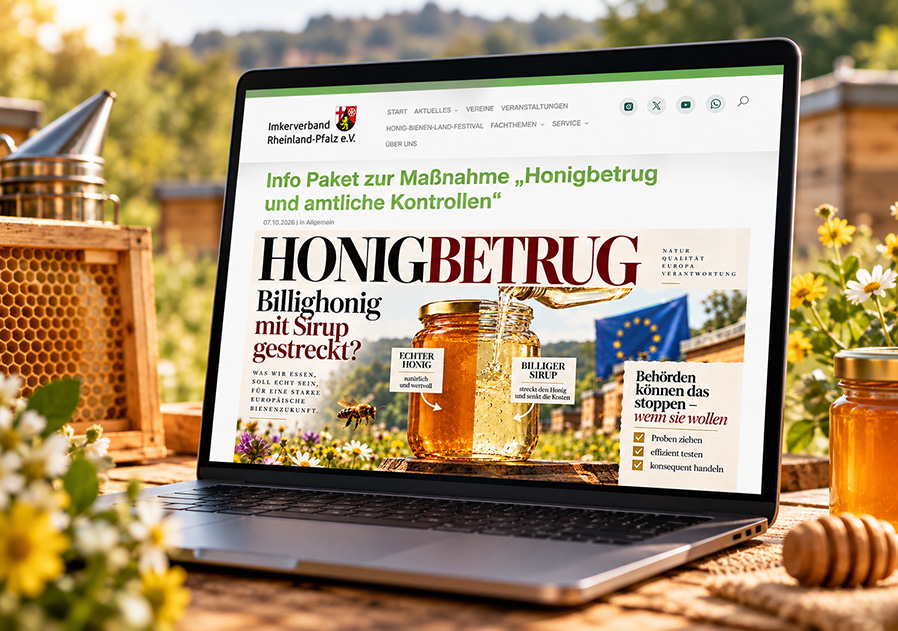 Laptop mit dem Beitrag des Imkerverbands Rheinland-Pfalz zum Thema Honigbetrug und amtliche Kontrollen, umgeben von Imkereizubehör und Honig.